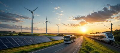 Ein KI generiertes Bild eines Sonnenuntergangs, von dem aus ein Zug und ein Bus in Richtung des Betrachters fahren. Im Hintergrund sieht man Windräder und einen Solarpark.